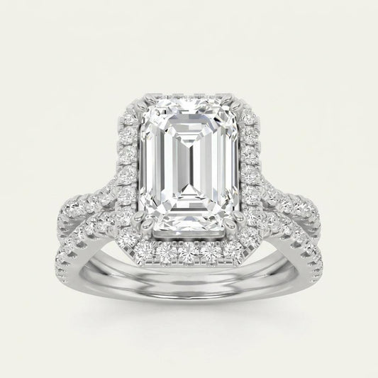 2CT Emerald Cut Lab Grown Diamond Halo Side Stone Ring