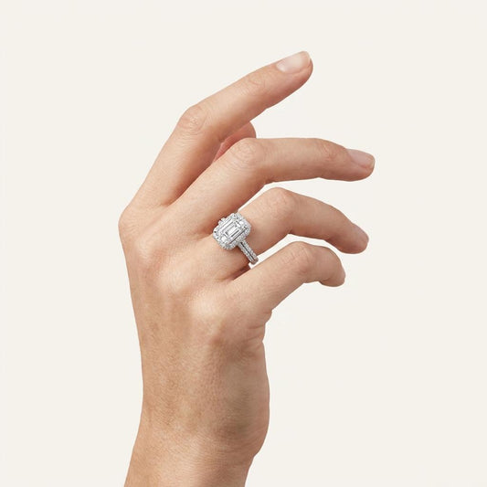 3CT Radiant Cut Lab Grown Diamond Halo Side Stone Ring