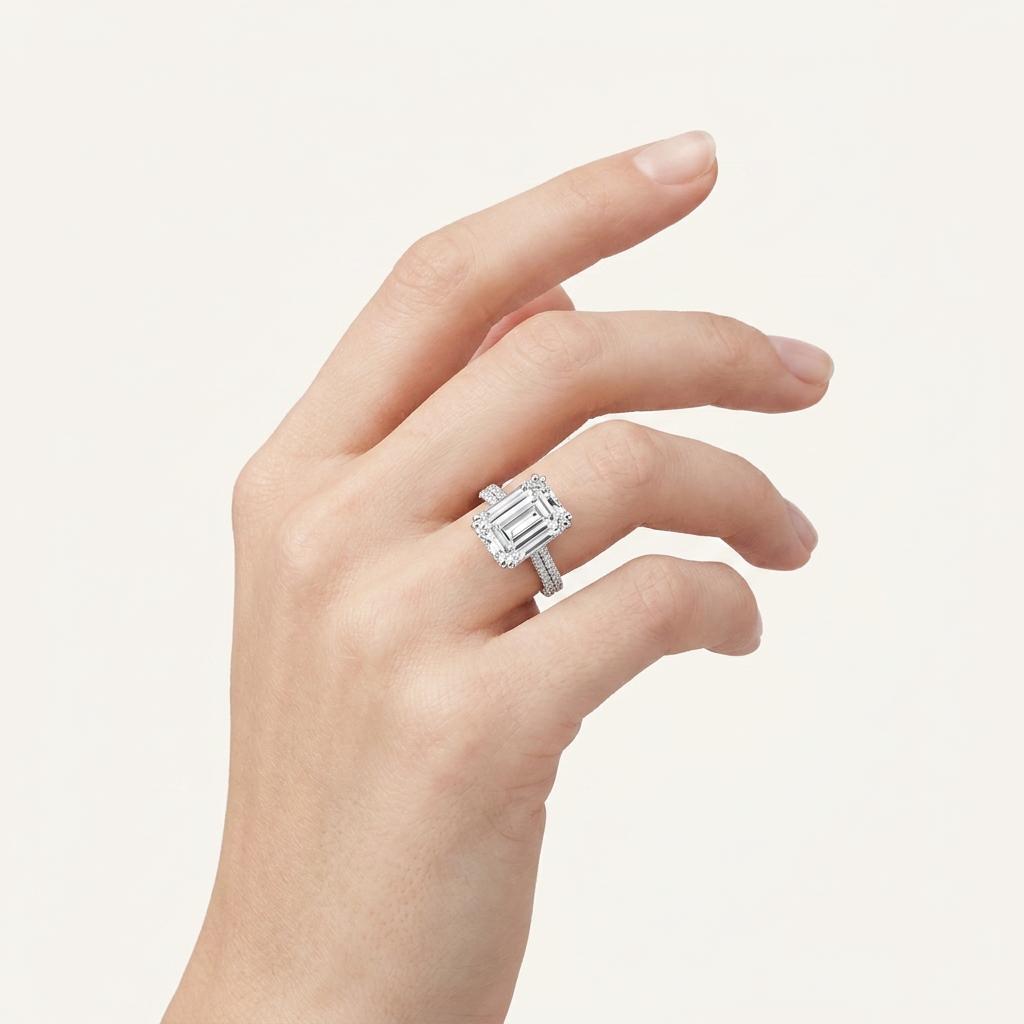 8CT Emerald Cut Lab Grown Diamond Bold Accented Engagement Ring