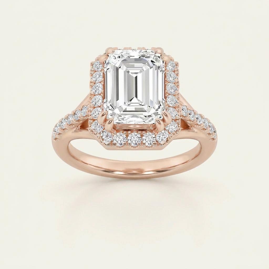 3CT Emerald Cut Lab Grown Diamond Halo Side Stone Ring
