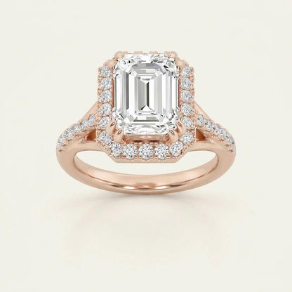 3CT Emerald Cut Lab Grown Diamond Halo Side Stone Ring