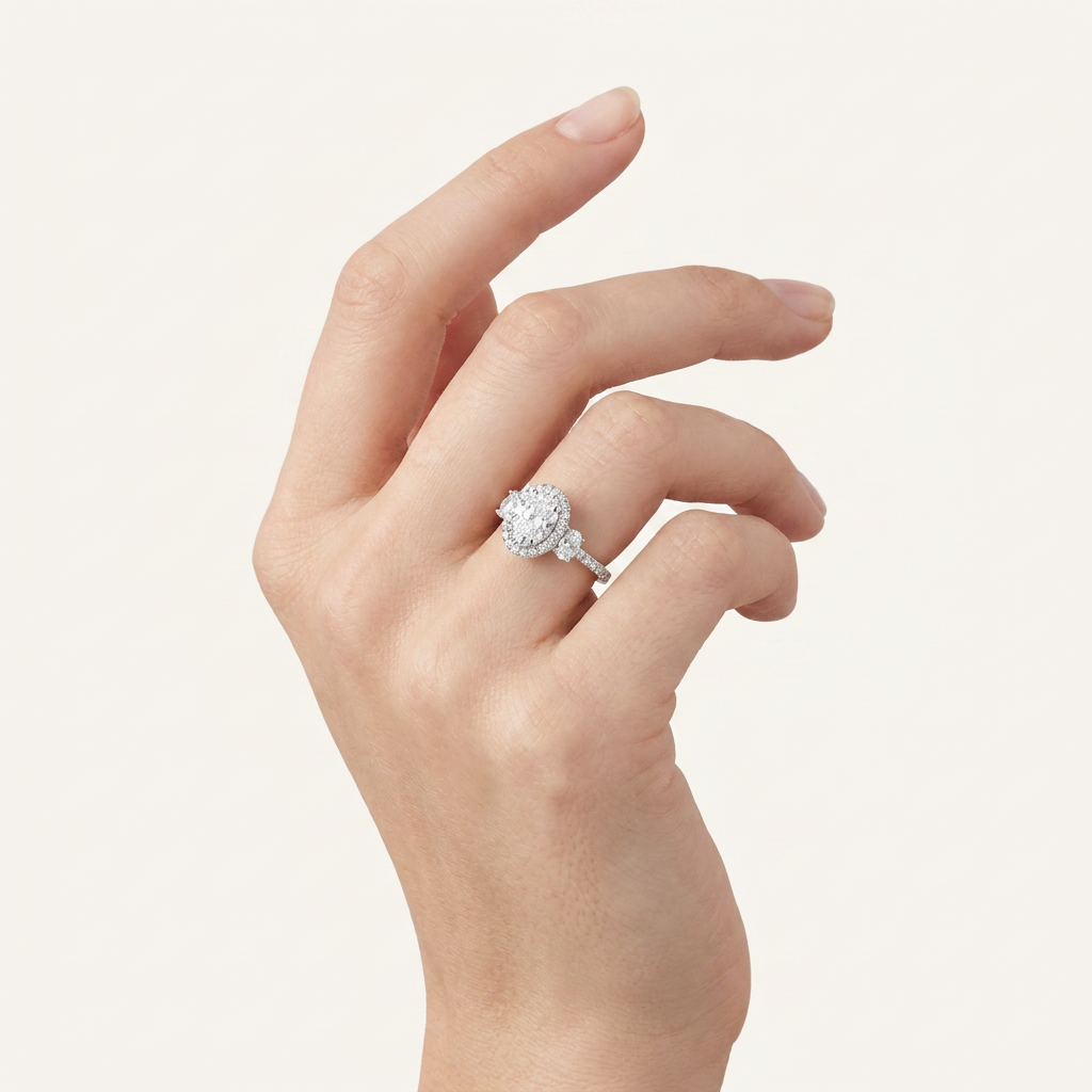 3CT Oval Cut Lab Grown Diamond Three Stone Halo Ring