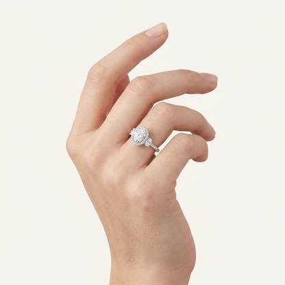 3CT Oval Cut Lab Grown Diamond Three Stone Halo Ring