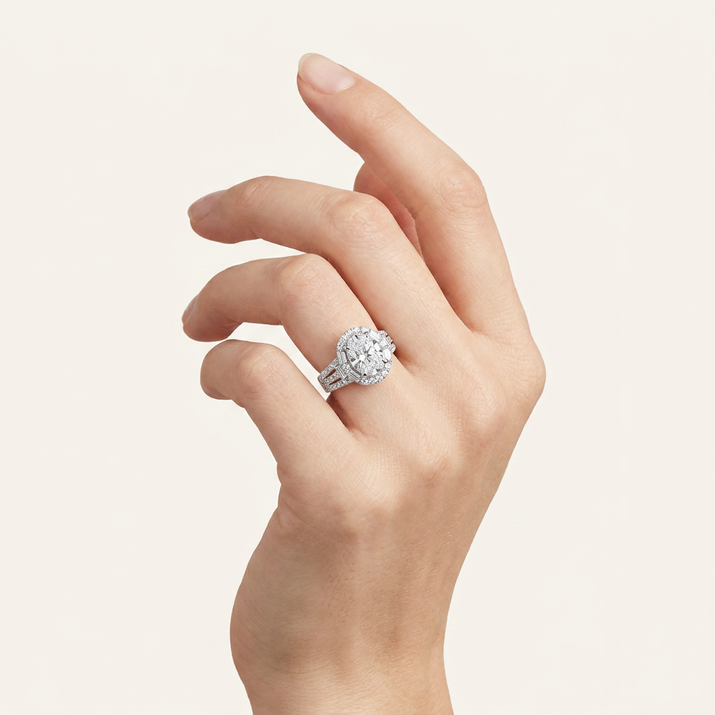 6.55CT Oval Cut Certified Lab Grown Diamond Halo Side Stone Ring