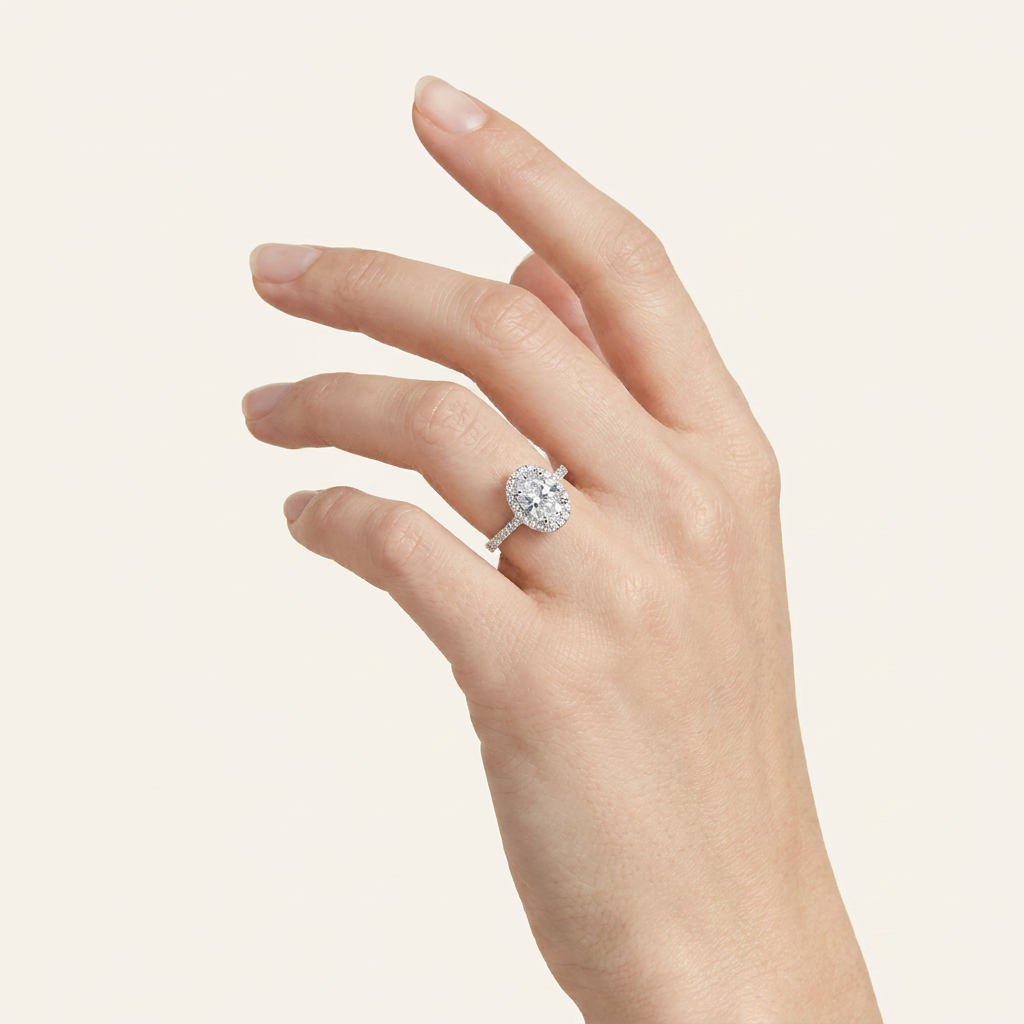 3CT Oval Cut Lab Grown Diamond Halo Side Stone Ring