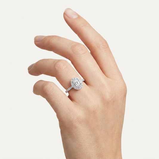0.51CT Oval Cut Lab Grown Diamond Halo Side Stone Ring