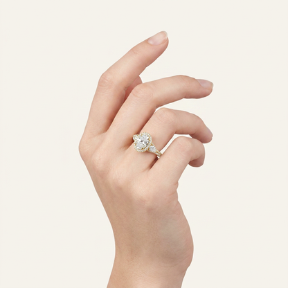 3CT Oval Cut Lab Grown Diamond Three Stone Bold Halo Ring