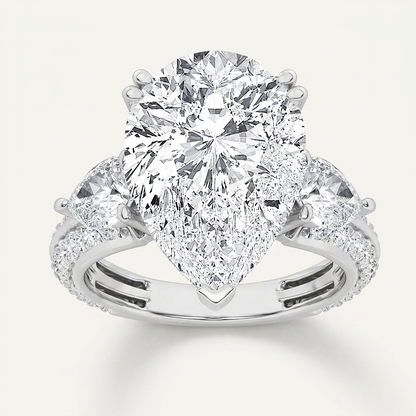 6.75 CT Pear Cut Lab Grown Diamond Bold Statement Three Stone Side Stone Ring