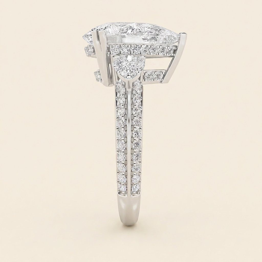 6.75 CT Pear Cut Lab Grown Diamond Bold Statement Three Stone Side Stone Ring