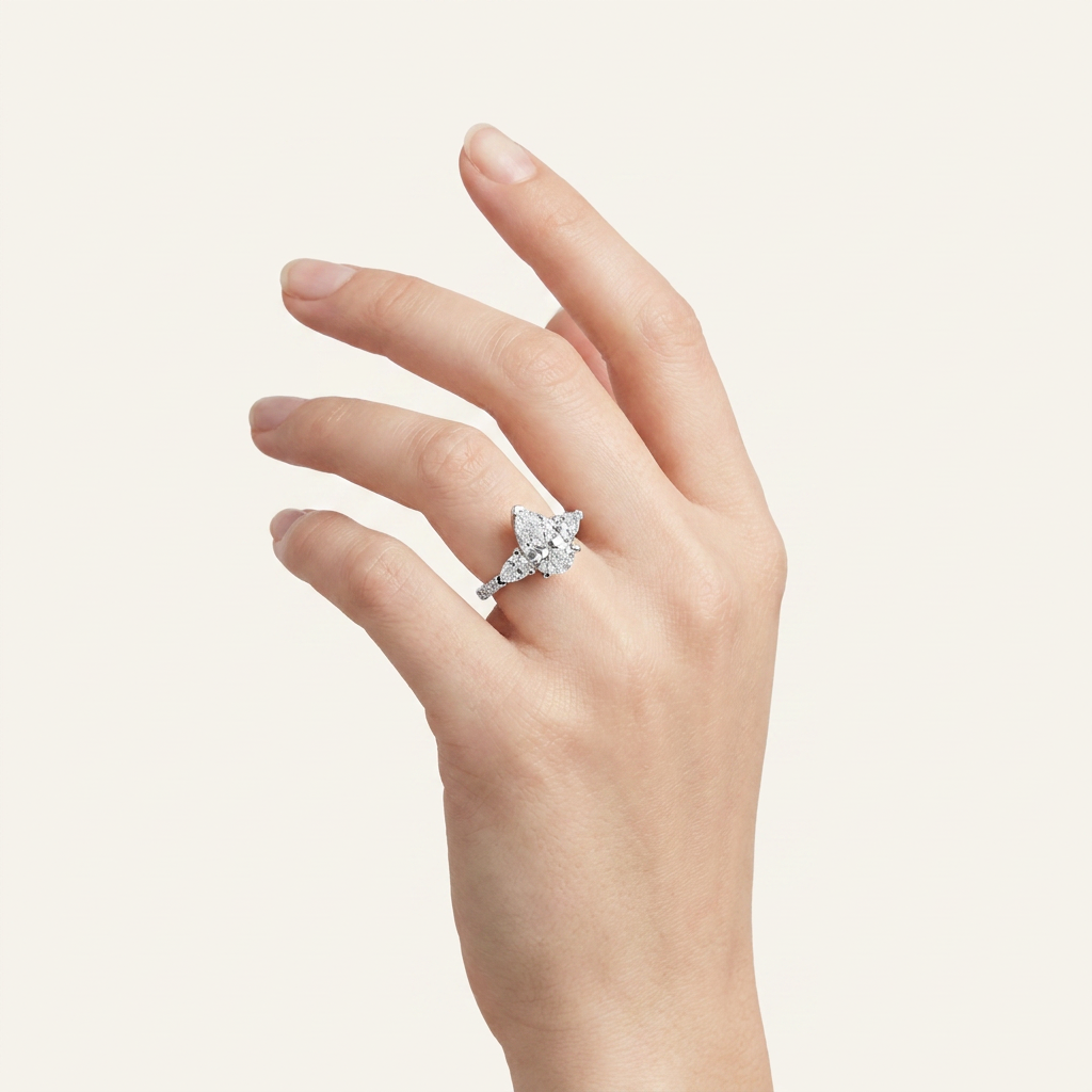 3CT Pear Cut Lab Grown Diamond Three Stone Side Stone Ring