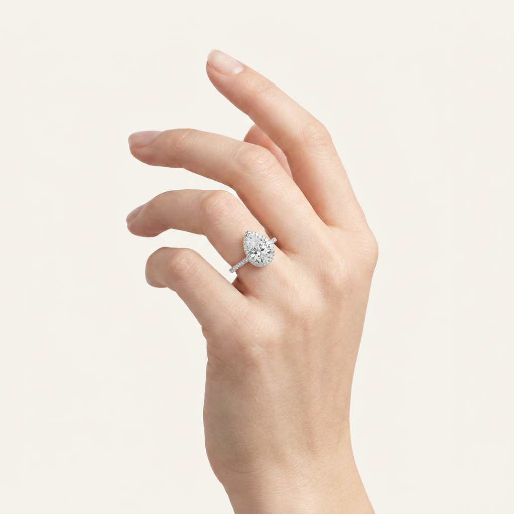 3CT Pear Cut Lab Grown Diamond Halo Side Stone Ring