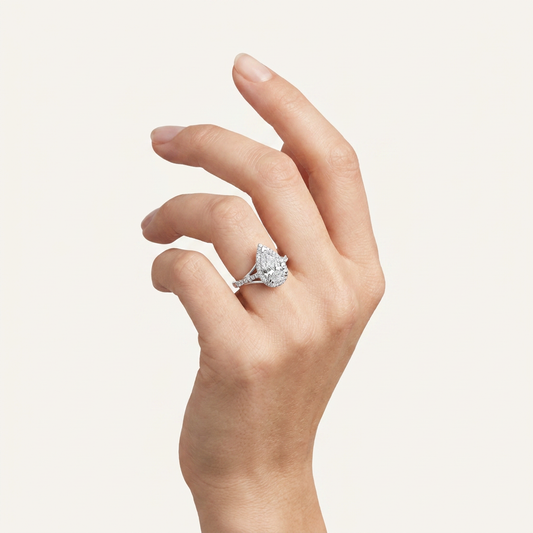 3CT Pear Cut Lab Grown Diamond Halo Side Stone Ring