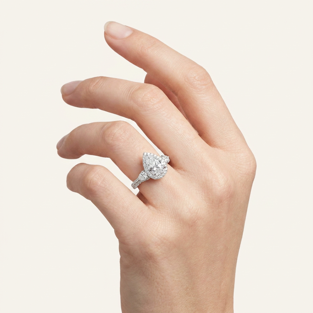 3CT Pear Cut Lab Grown Diamond Three Stone Bold halo Ring
