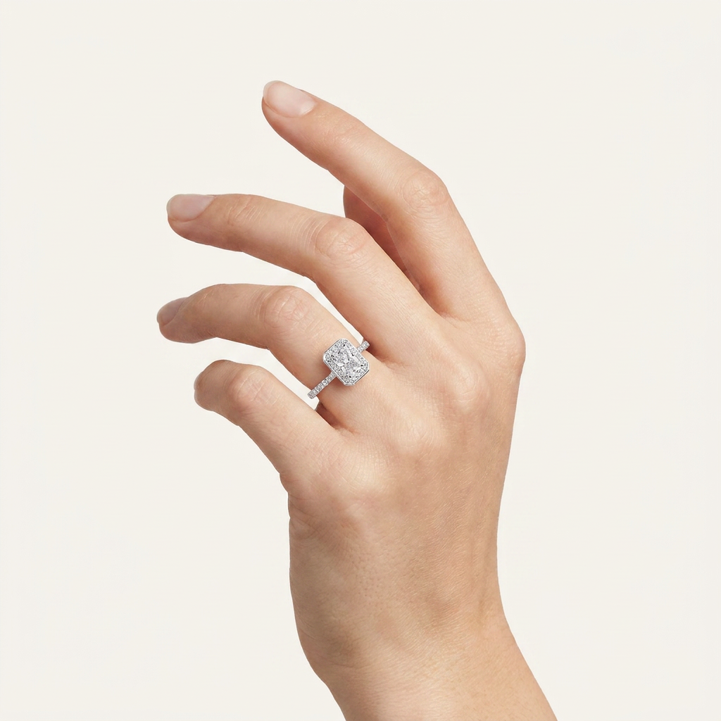 0.51CT Radiant Cut Lab Grown Diamond Halo Side Stone Ring