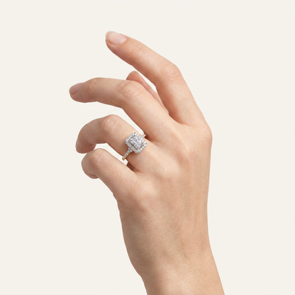 0.50 CT Radiant Lab Grown Diamond Halo Side Stone Ring