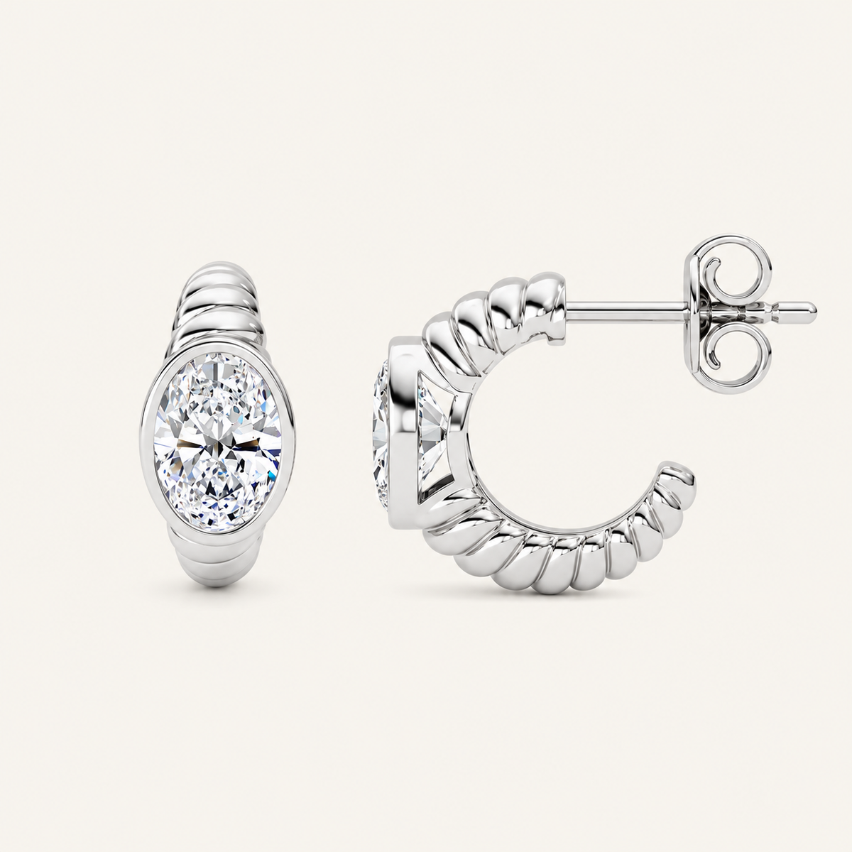 1.5CT Oval Cut Lab Grown Diamond Bezel Set Huggie Earrings