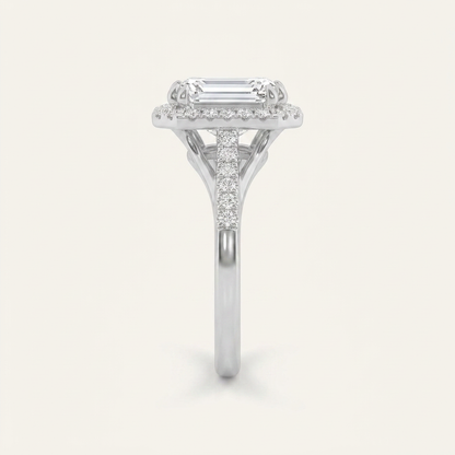 3CT Emerald Cut Lab Grown Diamond Halo Side Stone Ring