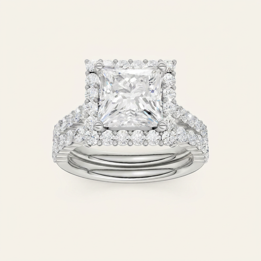 4.00CT Princess Cut Lab Grown Diamond Halo Bridal Set