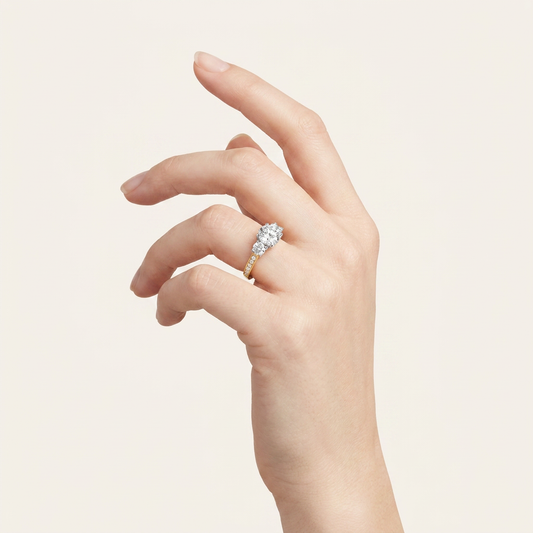 3CT Round Cut Lab Grown Diamond Accented Three Stone Hidden Halo Ring